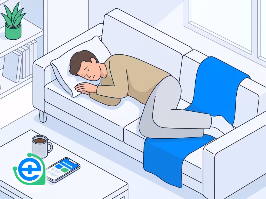 An illustration of an exhausted man curled up and sleeping on a sofa, representing one of the signs of extreme fatigue or tiredness.