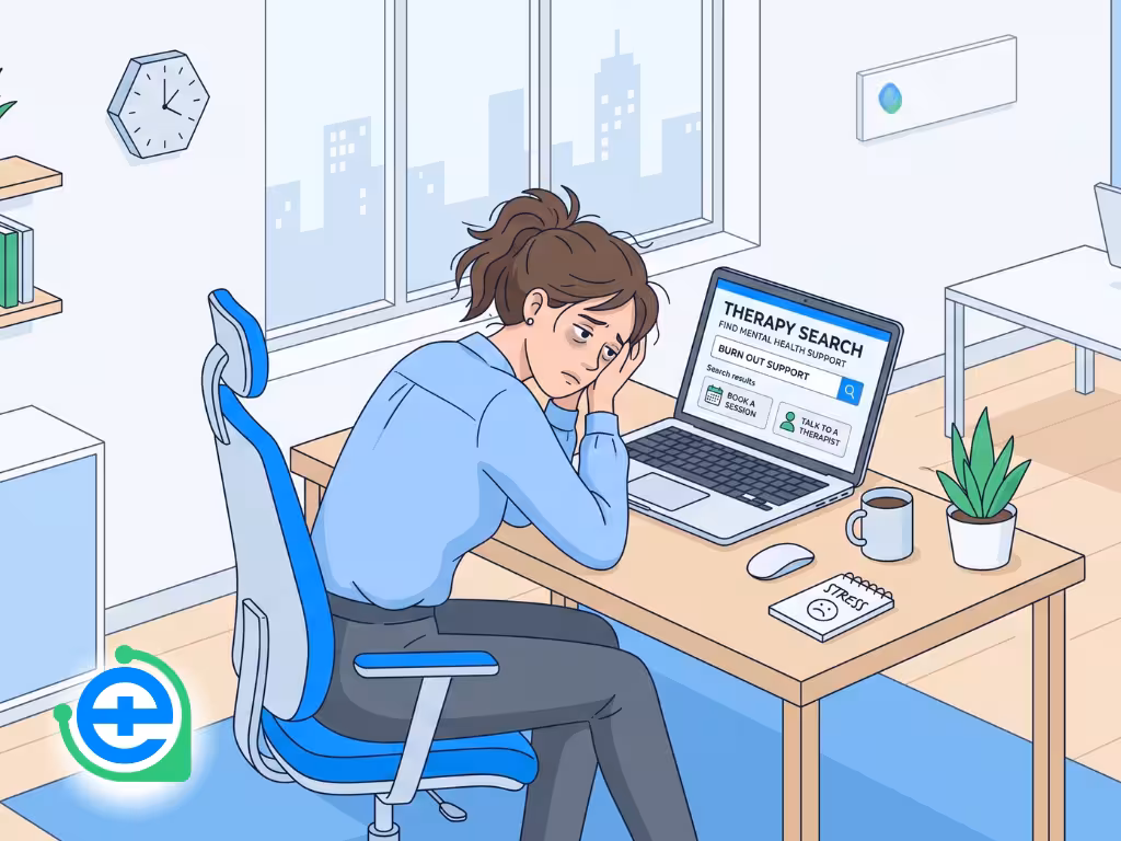 An illustration of an exhausted and stressed office worker sitting at her desk, searching for mental health and burnout support on her laptop.