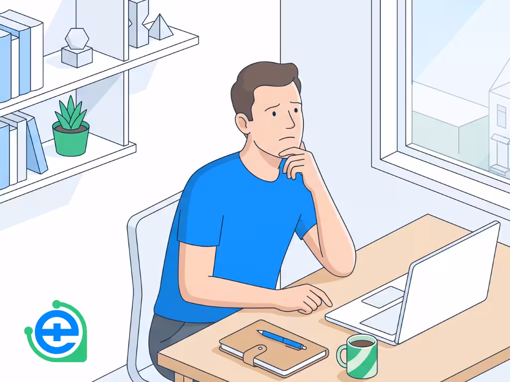 An illustration of a worried or pensive man sitting at his desk in front of a laptop, thinking about how to obtain a medical certificate online.