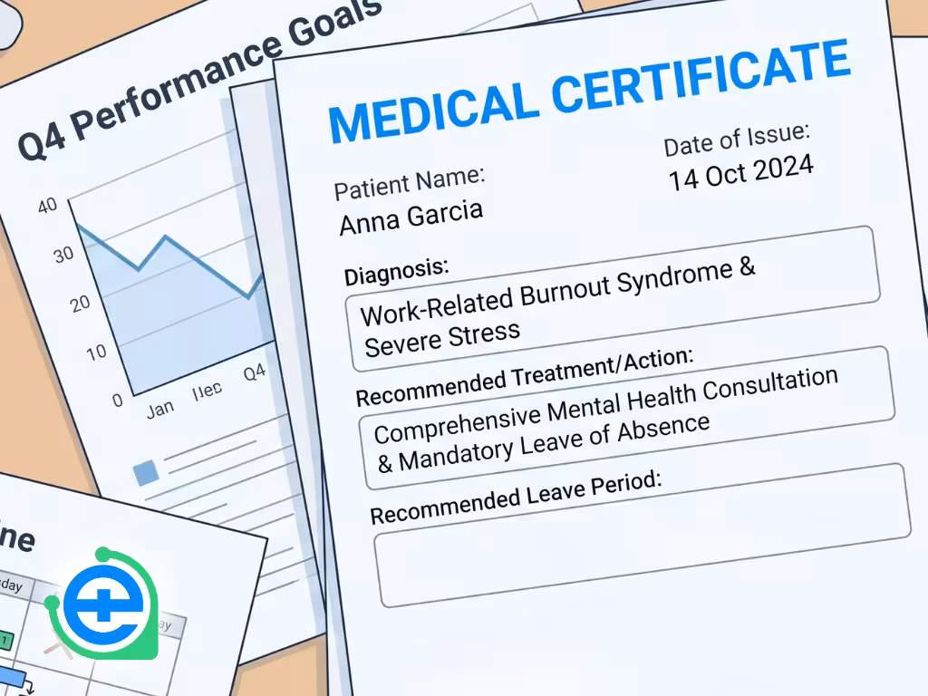 A minimalist illustration of an official medical certificate specifying severe stress and burnout as grounds for a mandatory leave of absence, representing medical documentation for employee mental health care.