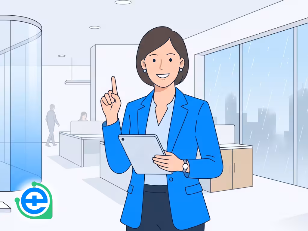 A minimalist vector illustration of a professional woman presenting essential tips and guidelines, representing what a patient needs to know when processing or obtaining a medical certificate.