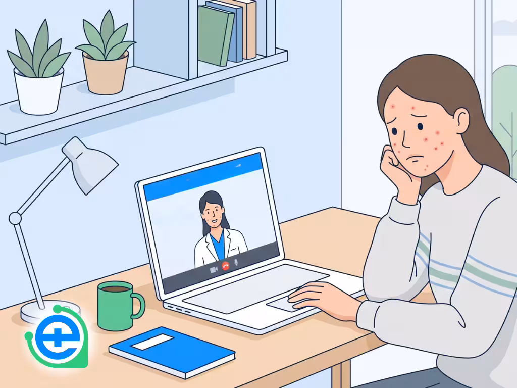 An illustration of a Filipino woman with acne consulting online with a female dermatologist via video call on her laptop.