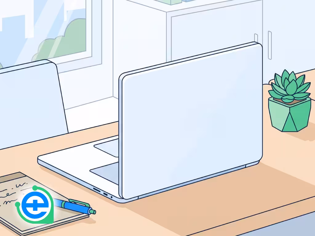 A minimalist illustration of a home office or telehealth desk setup with a laptop and a notebook, serving as a visual for a step-by-step guide on how to request an online medical certificate.